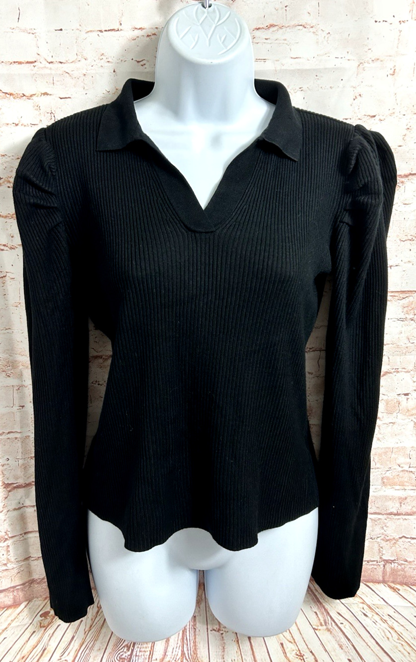 Fashion Nova Black Ribbed Sweater Sz L Fitted Minimalist Collared V-Neck Top